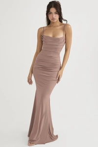 Detail of mauve ruched maxi dress featuring thin spaghetti straps and cowl neckline
