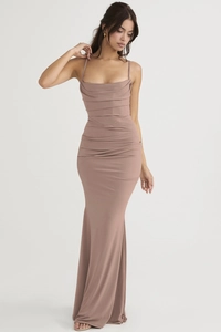 Detail of elegant cowl neck and refined ruched bodice on a slim fit mermaid evening dress