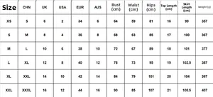 Detailed size chart for women's ruched crop top and high slit skirt two-piece set