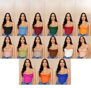 Aperçu multicolore de tops corsets en satin avec col drapé et fines bretelles