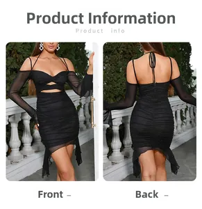 Front and back view of sexy black bodycon dress with ruching and hollow-out details