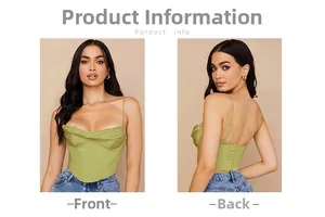 Vues avant et arrière du haut corset en satin vert avec col bénitier et ourlet en V