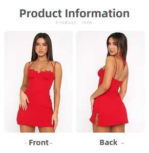 Front and back detail of red lace-up back mini dress with slit and corset-style bodice