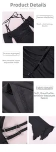 Detail view of black dress featuring sheer mesh fabric, invisible zipper, and adjustable straps