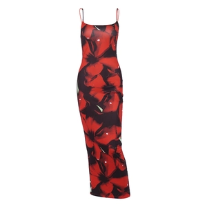 Sexy floral print backless maxi dress with red flower pattern and thin straps