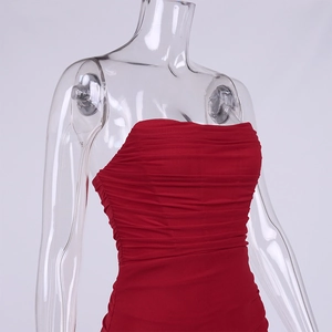Detailed view of the red bodycon dress featuring elegant ruffles and corset style