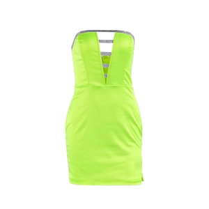 Neon green strapless bodycon mini dress featuring a deep V-cut and silver glitter straps