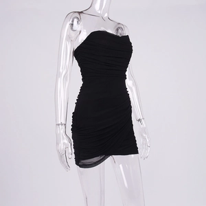 Detail view of the black ruched mesh tube dress with figure-hugging bodycon fit