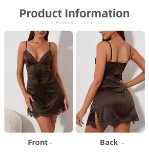 Detailed front and back views of coffee satin dress with lace trim and corset ties