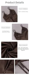 Detail view of satin dress with lace trim, adjustable straps, and invisible zipper closure