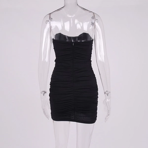 Detailed back view of black ruched bodycon dress with hidden zipper closure