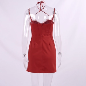 Back view of slim fit red lace dress with halter neck and hidden zipper closure