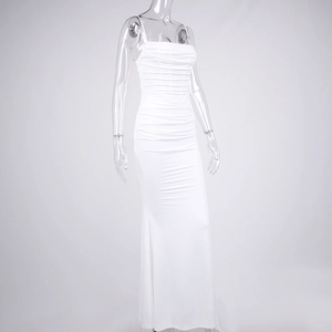 Detailed close-up of white ruched bodycon maxi dress with square neck and thin straps