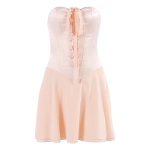 Elegant champagne satin corset dress with off-shoulder lace-up bodice and A-line chiffon skirt