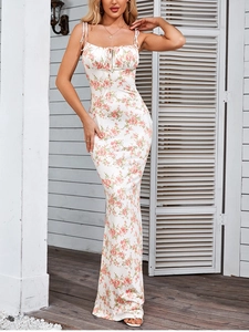 Floral backless long fishtail dress featuring ruched drawstring detail and rose pattern