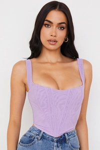 Detail shot of purple boned corset top with square neckline and structural seams