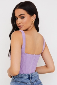Detailed back view of lavender corset top with square neck and invisible zipper closure