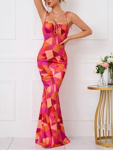 Detail of colorful geometric floral print dress with pleated drawstring neckline