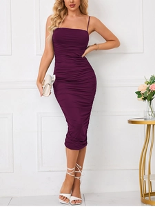Detail of ruched purple bodycon midi dress with delicate spaghetti straps and slim fit