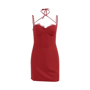 Deep red corset dress with lace trim, sweetheart neckline and backless mini silhouette