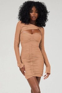 Detail of tan ruched mini dress showing the mesh sleeves and front cutout design