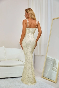 Detail of the back tie-up bow straps on a floral bodycon maxi dress with backless design