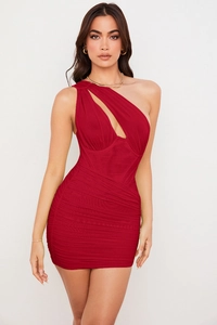 Detail of dark red one-shoulder ruched mesh dress with sexy cutout and bodycon fit