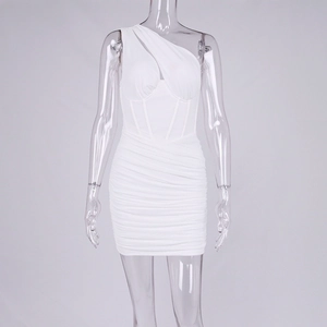 Close-up of white one-shoulder mesh dress with boning structure and ruched details