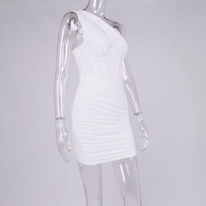 Detail view of the white one-shoulder corset dress with ruched fabric and side boning