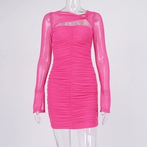 Detail of hot pink ruched mini dress showing sheer mesh sleeves and hollow out neckline