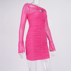 Detail of rose pink ruched dress with sheer mesh sleeves and hollow out neckline