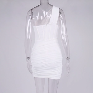 Detailed view of white one-shoulder mini dress with corset boning and ruched fabric details
