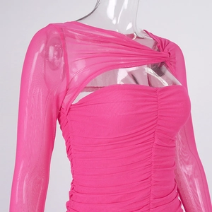 Close-up of fuchsia mesh dress with ruched texture and hollow twist knot detail