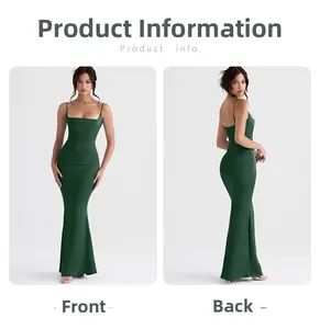 Front and back detail of a dark green satin fishtail evening dress with corset waist