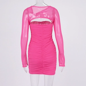 Detail of pink mesh mini dress featuring sexy back cutout and ruched textured long sleeves