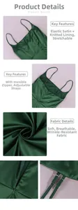 Detailed views of dark green satin dress showing adjustable straps and invisible back zipper