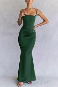 Detail of forest green satin evening dress featuring a corset bodice and fishtail skirt