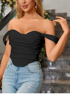 Detail of black pleated corset top with boning and off-shoulder slim fit design