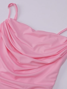 Detailed close-up of pink cowl neck dress with adjustable thin spaghetti straps