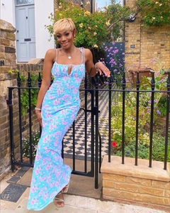 Detail of light blue floral maxi dress with pleated bust and thin spaghetti straps
