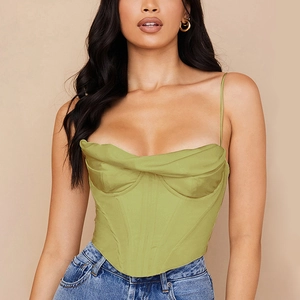 Haut corset en satin vert olive avec col drapé et détails de baleines pour femme