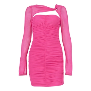 Hot pink mesh bodycon mini dress with long sleeves and pleated ruched detailing