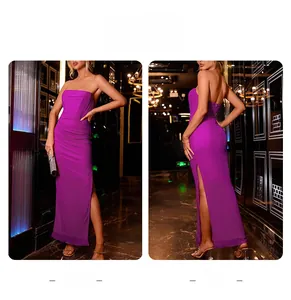 Detail of purple off-shoulder mesh evening gown with side slit and ruched fabric texture