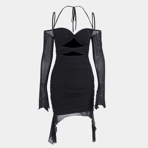 Sexy black ruched halter dress with sheer mesh long sleeves and asymmetric hem design