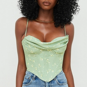 Floral print cowl neck corset top in light green with yellow flowers and boning detail