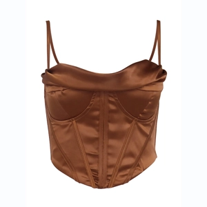 Haut corset sexy en satin marron avec col bénitier et baleines pour femmes en soirée