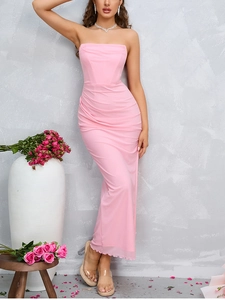 Detail showing pink off-shoulder mesh dress with elegant ruching and side split design