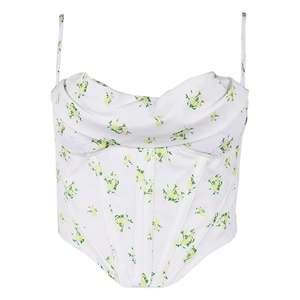 Floral cowl neck corset top with skinny straps and fishbone structure in white floral print