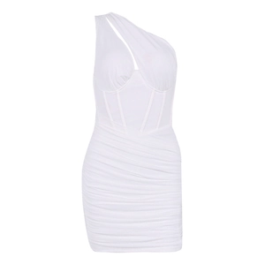 White one-shoulder bodycon dress with corset boning and ruched detail on white background