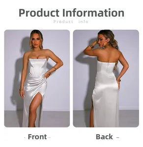 Detaillierte Vorder- und Rückansicht des weißen Satin-Korsettkleids mit hohem Beinschlitz